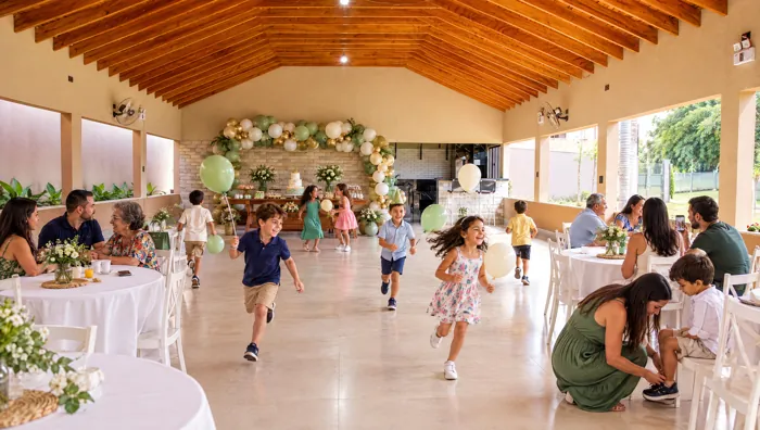 Festa infantil no salão de festas com arco de balões e crianças correndo