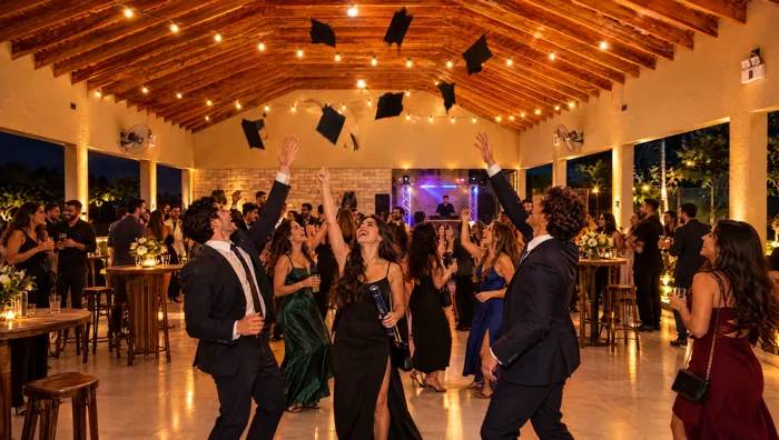 Festa de formatura à noite no salão, com formandos jogando os capelos