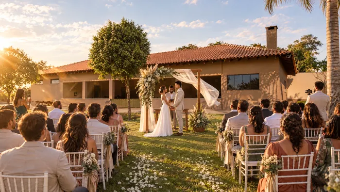 Cerimônia de mini wedding no gramado ao pôr do sol